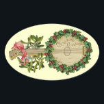 ADESIVO OVAL CHRISTMAS BANJO COM MISTLETOS E HOLLY BERRIES<br><div class="desc">Elegante instrumento musical de colheita ornamental com coroa floral.</div>