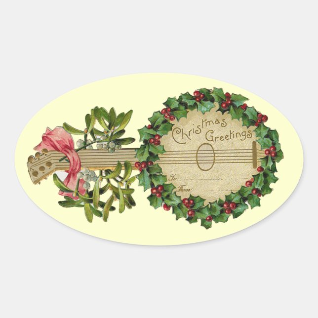 ADESIVO OVAL CHRISTMAS BANJO COM MISTLETOS E HOLLY BERRIES
