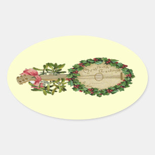 ADESIVO OVAL CHRISTMAS BANJO COM MISTLETOS E HOLLY BERRIES