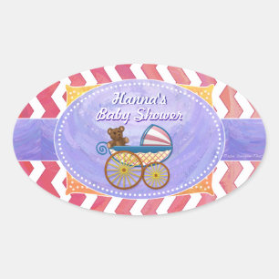 Adesivo Oval Chuva de Bebê Salmão com Chevron Rosa