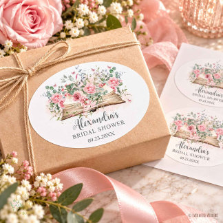 Adesivo Oval Chuva de Rosas Florais Livro Novo Capítulo Chá de