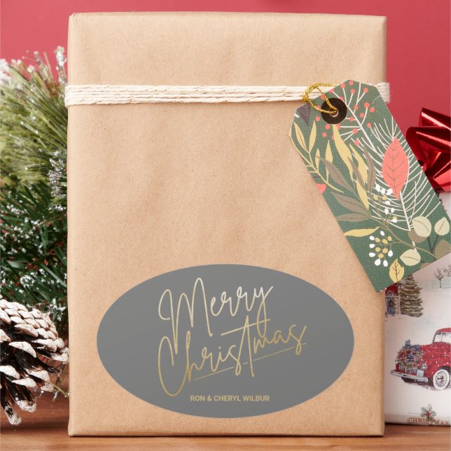 Adesivo Oval Cinza Dourada Feliz Natal de Luxo (Feriado)