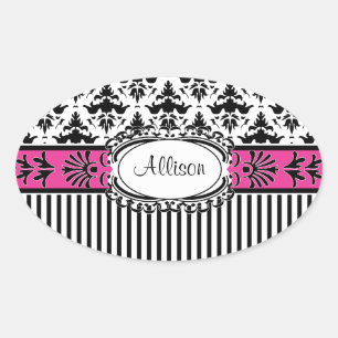 Adesivo Oval Cinza Paris Rosa e Black Damask and Stripes