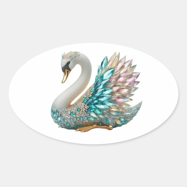 Adesivo Oval Cisne Diamantado com Cristal Dourado Brilho (Frente)
