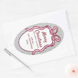 Adesivo Oval Classic Dark Green Stripes & Pink Bow Christmas