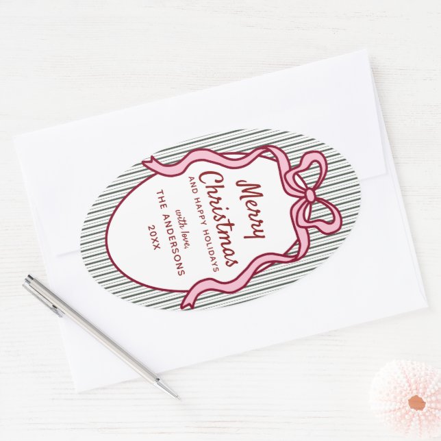 Adesivo Oval Classic Dark Green Stripes & Pink Bow Christmas (Envelope)