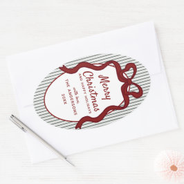 Adesivo Oval Classic Dark Green Stripes & Red Bow Christmas