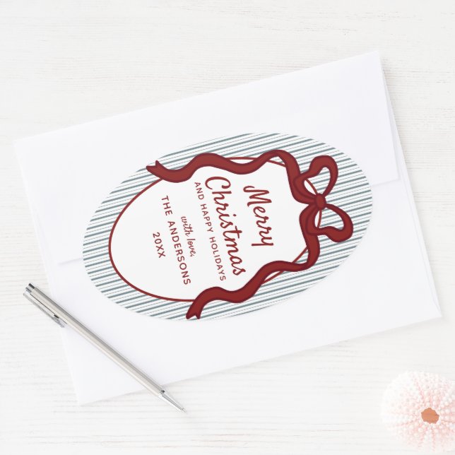 Adesivo Oval Classic Red Blue Stripes & Bow Frame Christmas  (Envelope)