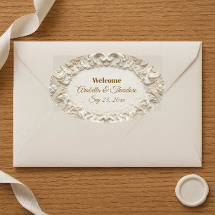 Adesivo Oval Clássico Marfim Barroco Luxo Vintage Chic Casament