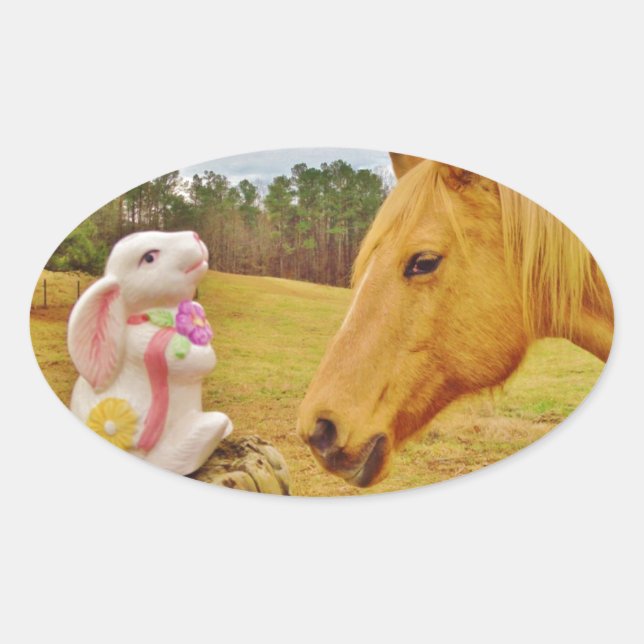 Adesivo Oval Coelho branco e cavalo amarelo (Frente)