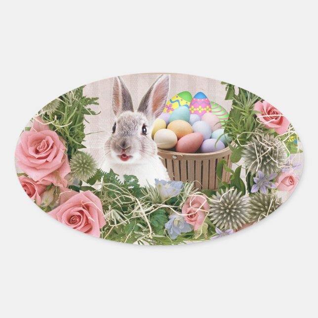 Adesivo Oval Coelho Feriado (A charming scene unfolds as a fluffy rabbit peeks playfully from a lush floral arrangement.)