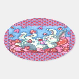 ADESIVO OVAL COELHOS E CORAÇÕES COLORIDAS CHOVANDO DIAS DE OS N