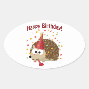 Adesivo Oval Confetti Happy Birthday Hedgehog