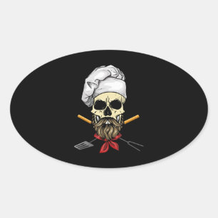 Adesivo Oval Cook Grill Mestre Chef Skull Face Halloween Presen
