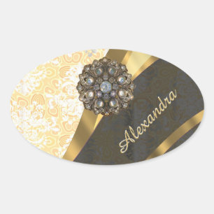 Adesivo Oval Cor damasco amarela bonito personalizada