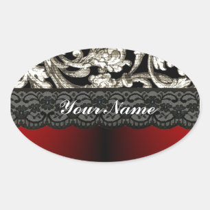 Adesivo Oval Cor damasco floral preto e vermelho