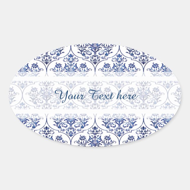 Adesivo Oval Cor damasco florescente - azul (Frente)