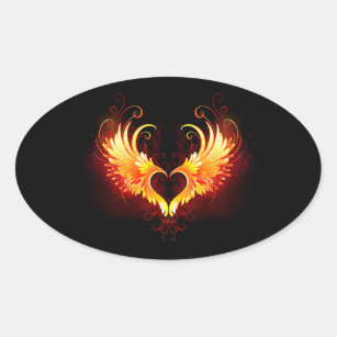 Adesivo Oval Coração do Anjo Fogo com Asas