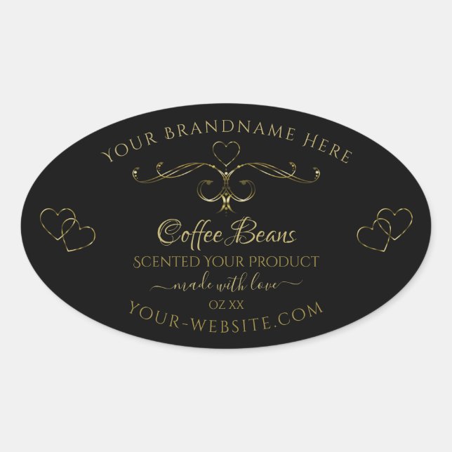 Adesivo Oval Corações do Ornamentado Dourado Elegante nos rótul (Frente)