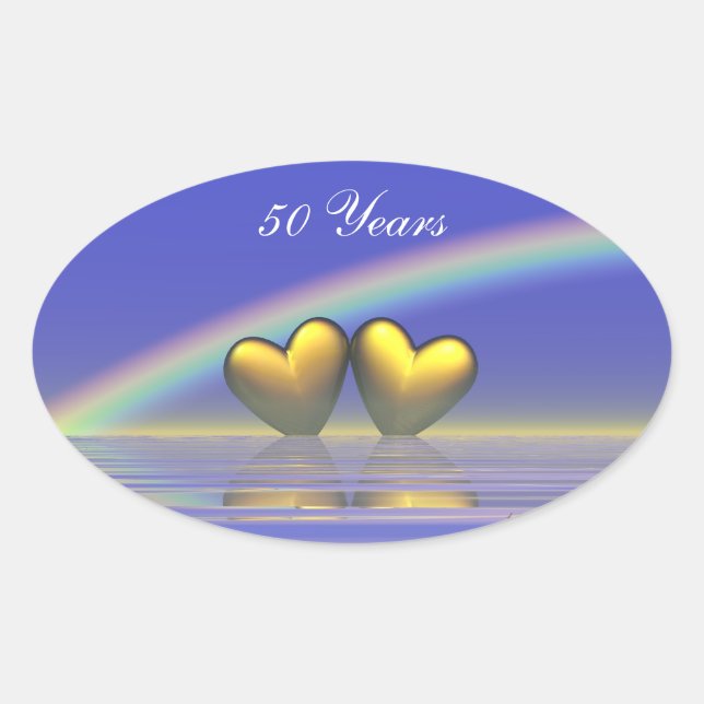 Adesivo Oval Corações Dourados de 50º Aniversário (Frente)