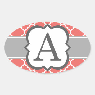 Adesivo Oval Coral Branco Monograma - Letra A Quatrefoil