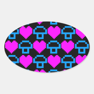 Adesivo Oval Corey Tiger 80s Cogumelos Corações 8-bit
