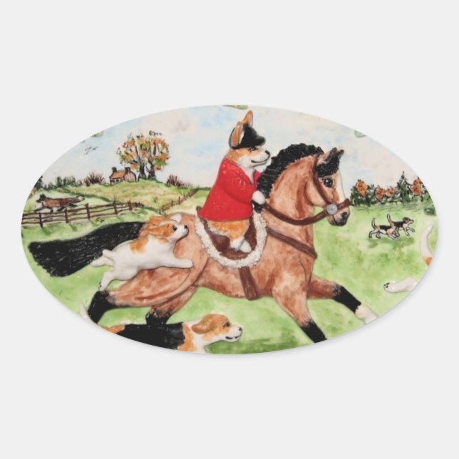 Adesivo Oval Corgi Huntsman dirige-se para Hounds Sticker (Frente)