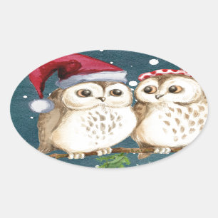 Adesivo Oval Corujas de feliz-natal