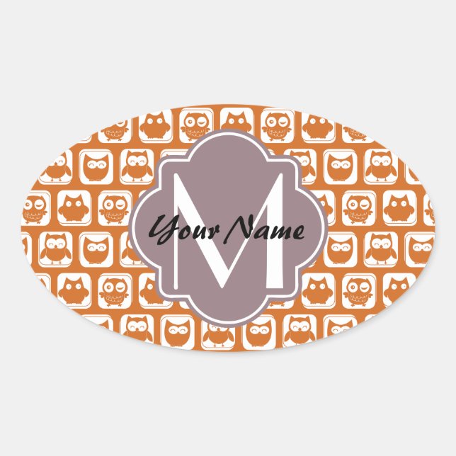 Adesivo Oval Corujas De Laranja Monogramas (Frente)