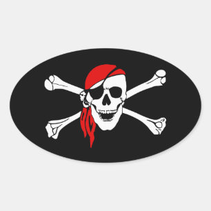 Adesivo Oval Crânio de Pirata e Crossbones com Bandana Vermelh