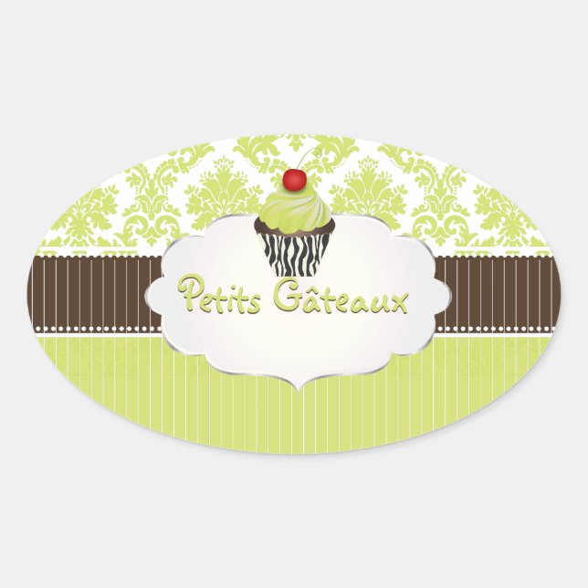 Adesivo Oval Cupcake da chave PixDezines+limão damask/DIY (Frente)