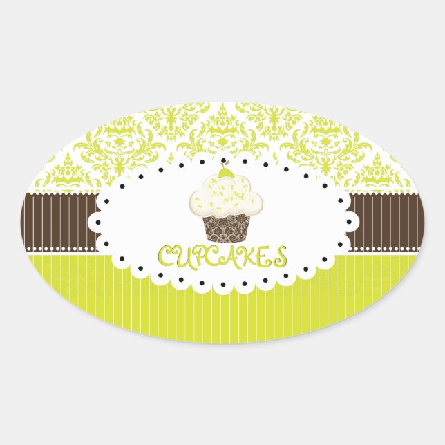 Adesivo Oval Cupcake da chave PixDezines+limão damask/DIY (Frente)
