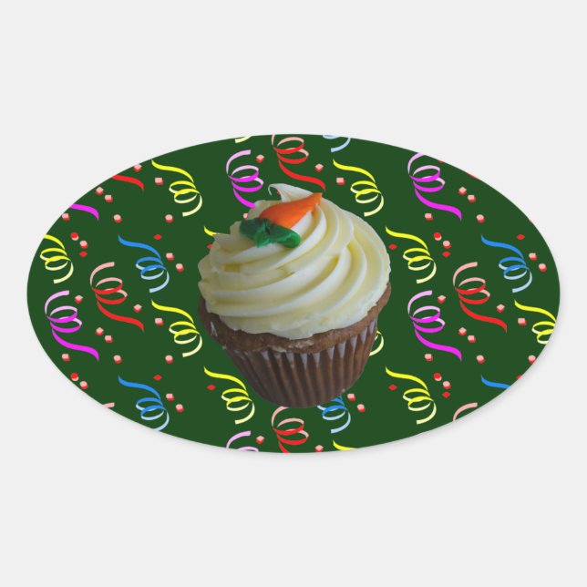 Adesivo Oval Cupcake de Tremor de Cenoura com Confetti (Frente)