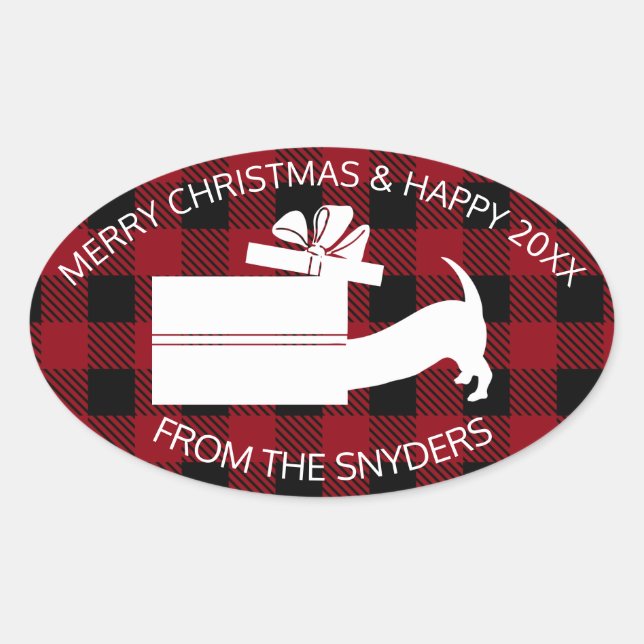 Adesivo Oval Curioso Dachshund em Presente (Frente)