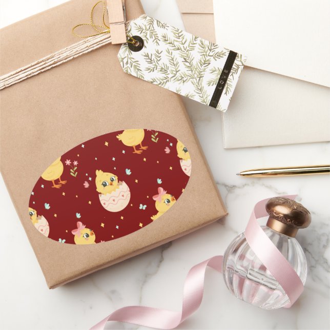 Adesivo Oval Cute Easter Chick with Pink Bow Seamless Pattern  (Presentear)