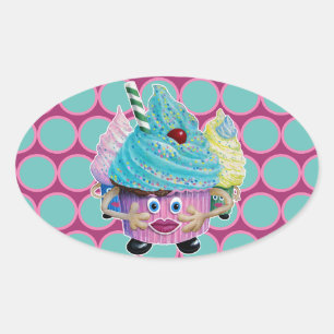 Adesivo Oval Cute Fantasy Creatur Cupcakes Illustrated
