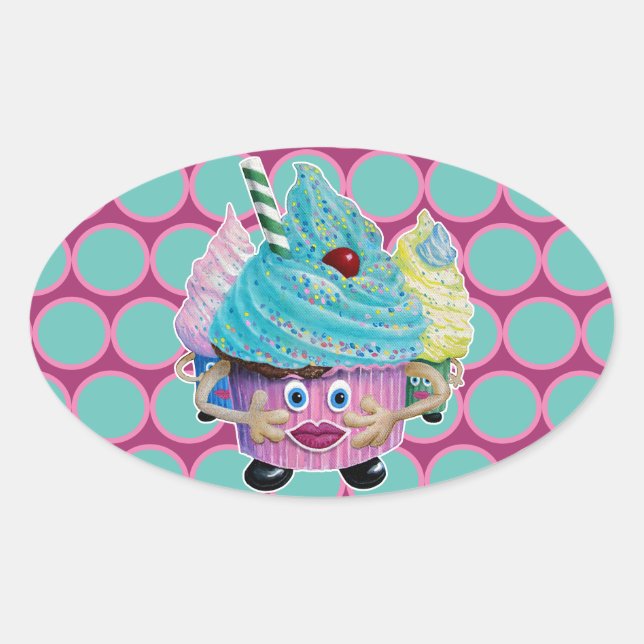 Adesivo Oval Cute Fantasy Creatur Cupcakes Illustrated (Frente)