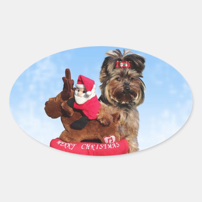 Adesivo Oval Cute Yorkshire Terrier Felry Natal (Frente)