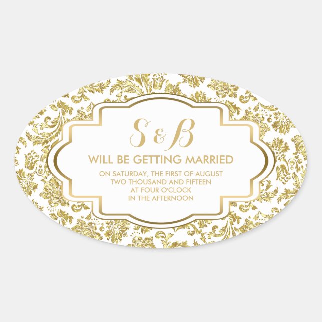 Adesivo Oval Damasco Dourado Branco E Metálico 3a Padrão (Frente)