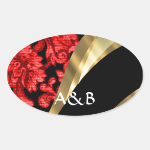 Adesivo Oval Damasco floral vermelho e preto