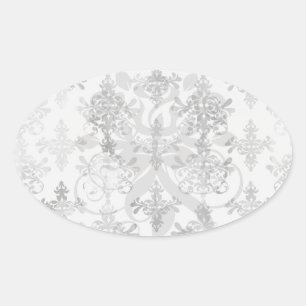 Adesivo Oval damasco intricado branco preto desolado