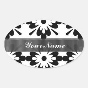 Adesivo Oval Damasco preto e branco moderno