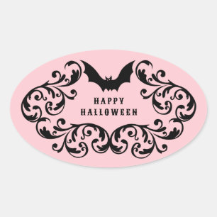 Adesivo Oval Damasco Rosa, Glam Bats e Spider Feliz Halloween