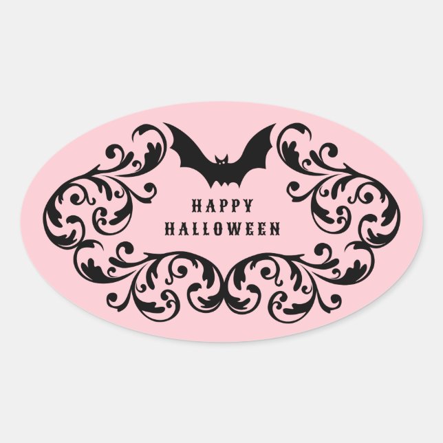Adesivo Oval Damasco Rosa, Glam Bats e Spider Feliz Halloween (Frente)