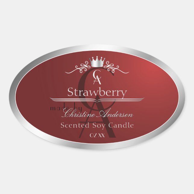 Adesivo Oval Deep Red Product Label with Silver Frame Monogram (Frente)