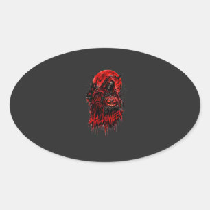 Adesivo Oval Desenho de Halloween da Morte com Abóbora no Estil