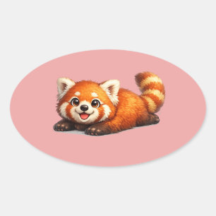 Adesivo Oval Design de Animal Kawaii Panda Vermelho Fofo Relaxa