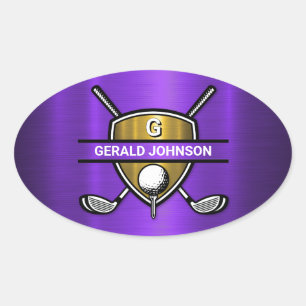 Adesivo Oval Design de Monograma de Golfe Escudo Dourado Elegan