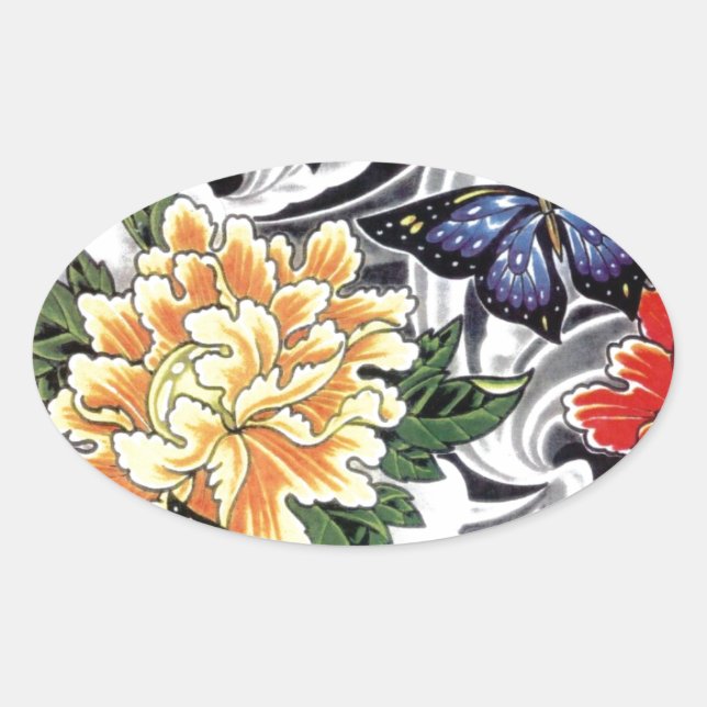 Adesivo Oval Design de Peony Amarelo e de Tatuagem de Borboleta (Frente)