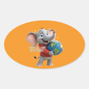 Adesivo Oval Design Ecológico de Elefante Fofo e Abraçando o Pl
